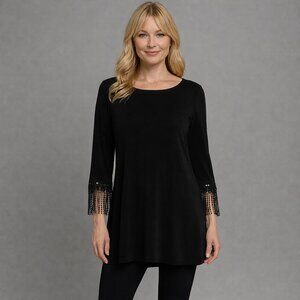 NWOT Alfani Black Tunic Top with Lace Fringe Sleeves, Size L